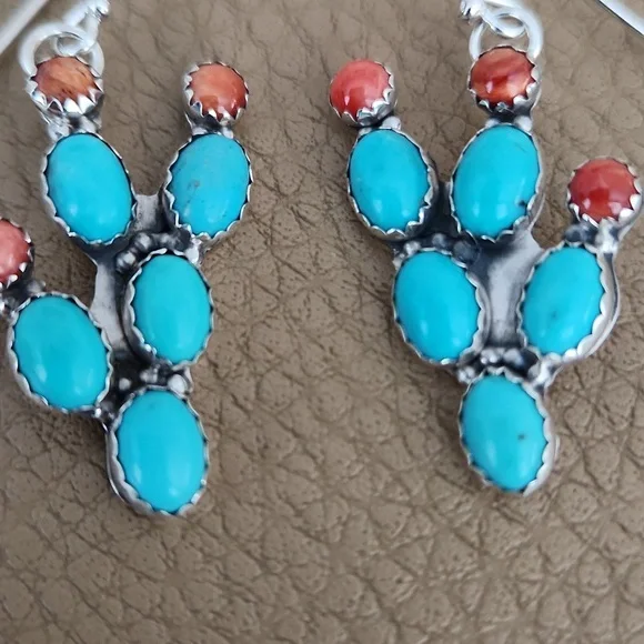 NWT Native American Navajo Turquoise Cactus Dangle Earrings 🩵🌵🧡 - Picture 4 of 12